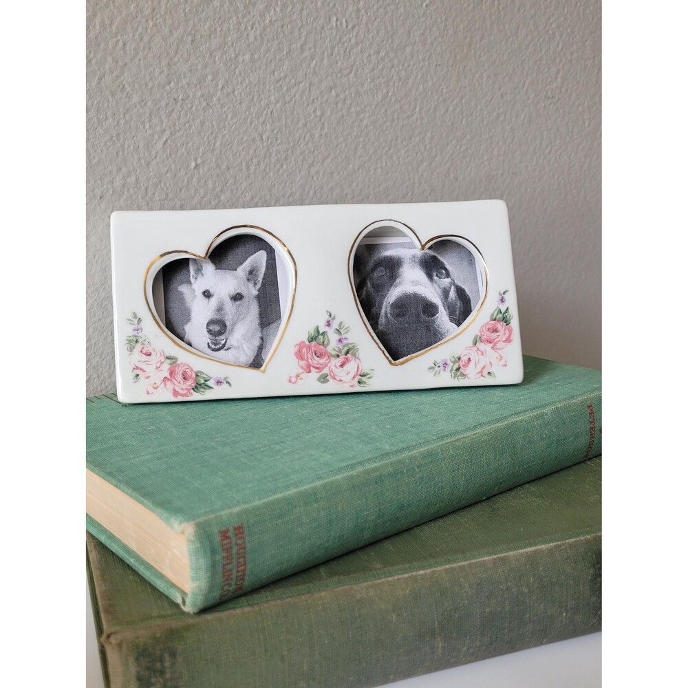 Vintage Ceramic Double Heart Picture Frame 2 x 3 Wallet Photo Pink Floral